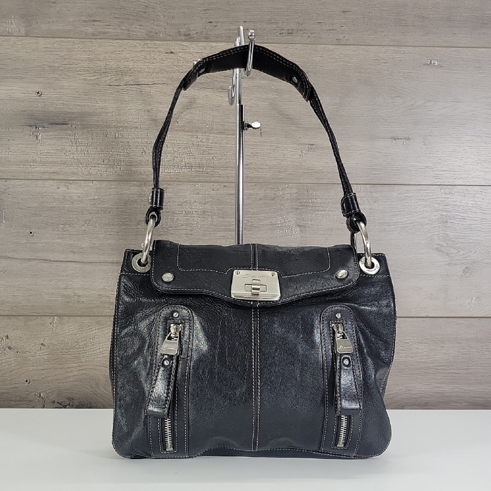 B. Makowsky Black Leather Shoulder Bag with Silver Hardware